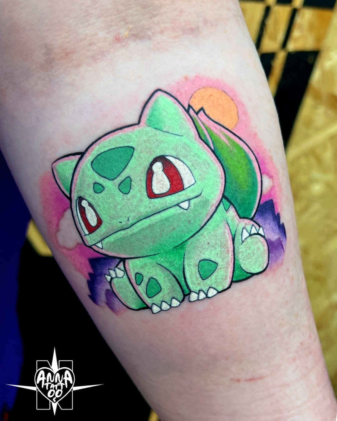Found in grassy areas, such as forests and plains, Bulbasaur is a grass-type character and it is so cute. Get a tattoo of this adorable creature on your arm!