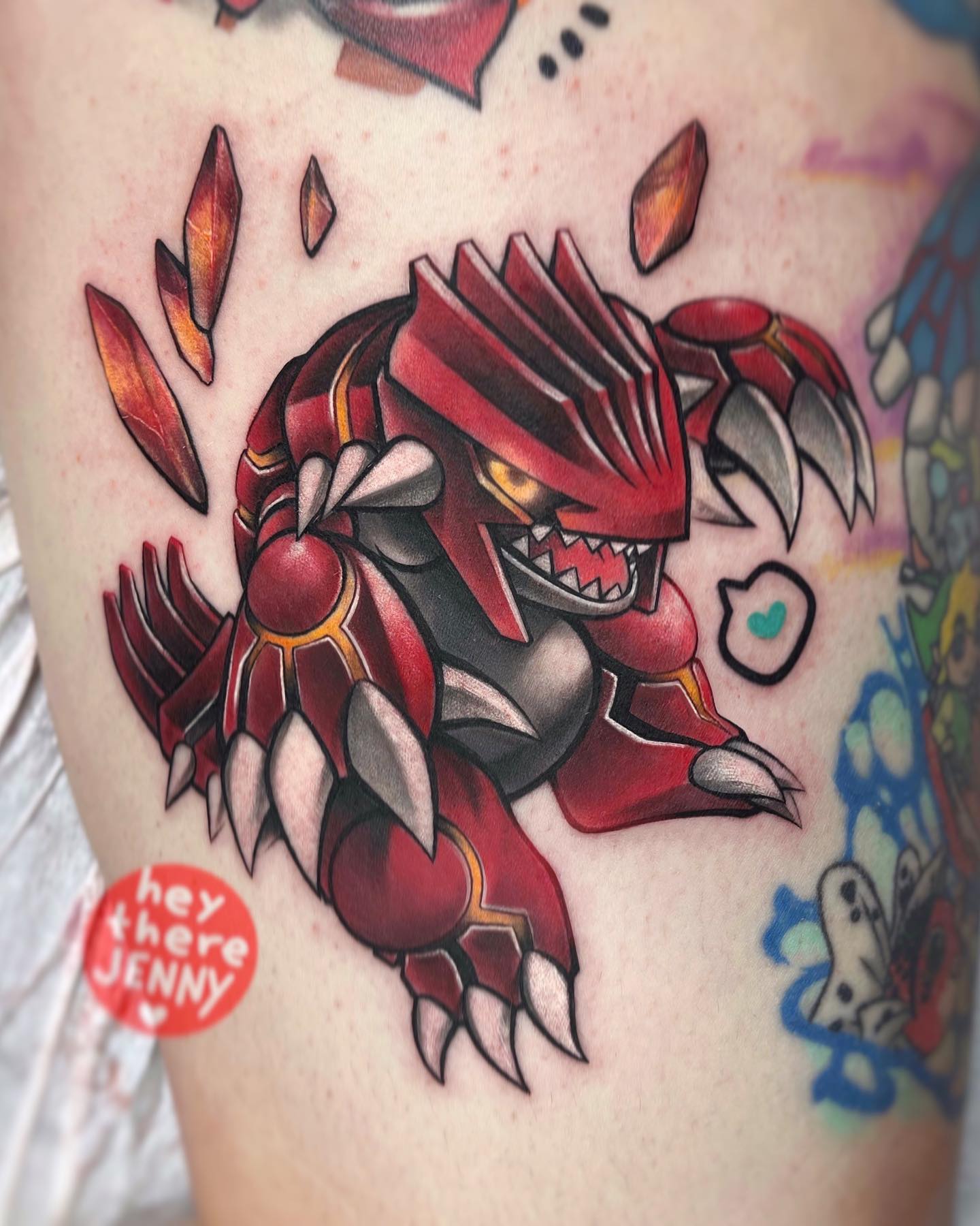 Groudon is a fire-type legendary Pokemon. It is the final evolved form of Charizard, and it is capable of learning the most powerful fire-type moves. With the tattoo, you will feel Groudon to the fullest since it looks so real.